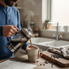 Man pouring coffee highlighting aroma steam
