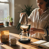 Home barista pouring coffee in kitchen