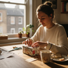 Woman wrapping premium coffee gift at table