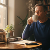 Man enjoying Arabica coffee in morning kitchen