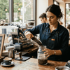 Barista pouring Arabica beans in sunlit café