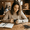Woman tasting coffee in urban café