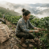 Coffee farmer inspecting high-altitude plantation