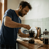 Man grinding coffee beans in morning kitchen