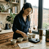 Woman preparing home coffee cupping setup