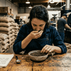 Expert inspecting Arabica beans for quality