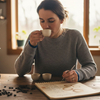 Woman tasting coffee and taking notes at home