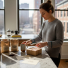 Woman arranging coffee gifts in cozy city kitchen