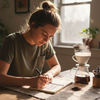 Woman journaling home coffee brewing